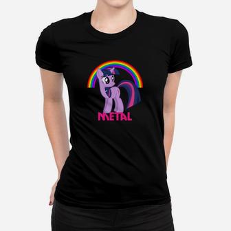 Cartoon-Pony Schwarzes Frauen Tshirt, Metal-Stil mit Regenbogen - Seseable