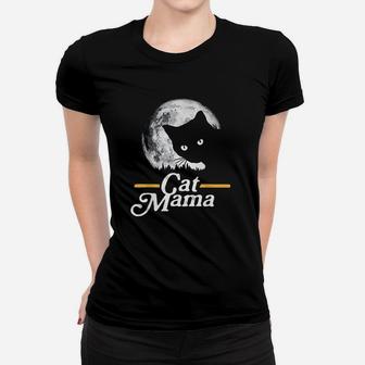 Cat Mama Vintage Eighties Style Cat Retro Full Moon Ladies Tee - Seseable