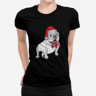 Christmas Bulldog Dog Santa Hat Ladies Tee - Seseable