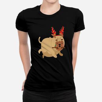 Christmas Funny Bulldogs Antlers Xmas Shirt Ladies Tee - Seseable