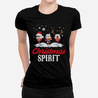Christmas Spirit Wine Glasses Reindeer Santa Hat Gift Ladies Tee - Seseable