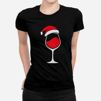 Christmas Wine Red Santa Hat Wine Glass Ladies Tee - Seseable