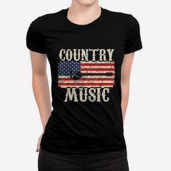 Country Music Retro Vintage Guitar American Flag Gift Ladies Tee - Seseable
