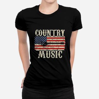 Country Music Retro Vintage Guitar American Flag Ladies Tee - Seseable