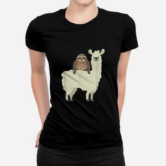Cute And Funny Sloth Riding Llama Animal Friends Ladies Tee - Seseable