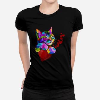 Cute Cat Colorful Funny Valentines Day Hearts Ladies Tee - Seseable