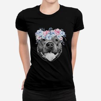 Cute Pitbull Face Floral Watercolor Flower Pittie Mom Ladies Tee - Seseable