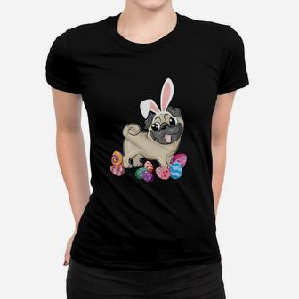 Cute Pug Dog With Bunny Hat Easter Eggs Happy Ladies Tee - Seseable