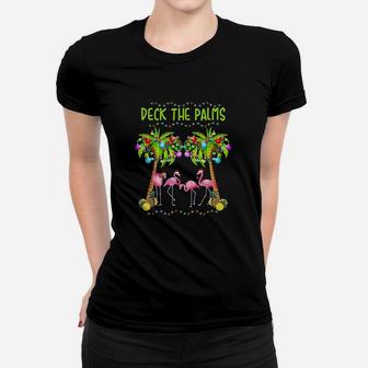Deck The Palms Merry Flamingo Christmas Funny Ladies Tee - Seseable