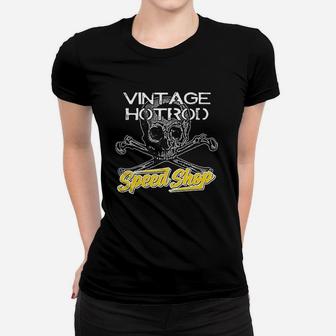 Devil Vintage Speed Shop Skull Crossbones Yellow Racing Garage Ladies Tee - Seseable