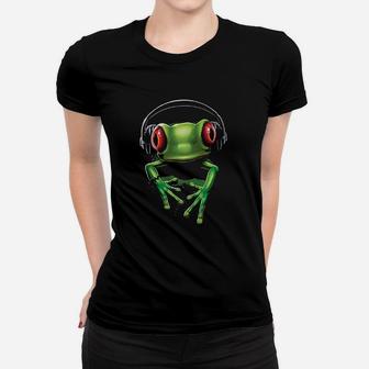 Dj Frog With Headphones Cute Animal Music Wildlife Rock Ladies Tee - Seseable