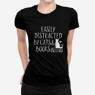 Easily Distracted By Cats And Books Ladies Tee - Seseable