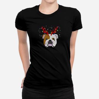 English Bulldog Reindeer Reindeer Antlers Christmas Ladies Tee - Seseable