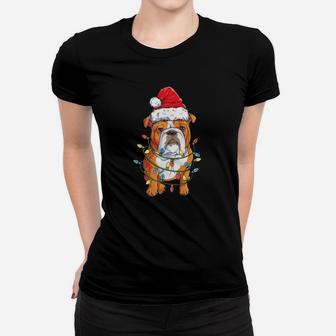 English Bulldog Santa Christmas Tree Lights Xmas Gifts Ladies Tee - Seseable