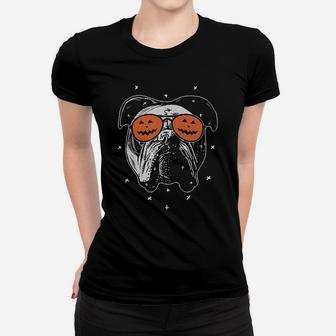 English Dog Wearing Pumpkin Sunglasses Ladies Tee - Seseable
