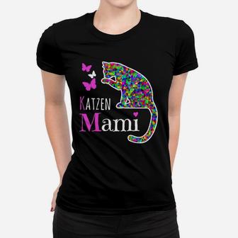 Farbenfrohes Katzen-Mami Frauen Tshirt mit Leopardmuster und Schmetterlingen - Seseable