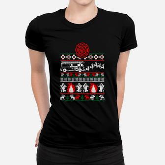 Firefighter Christmas Sweater Ugly Ladies Tee - Seseable