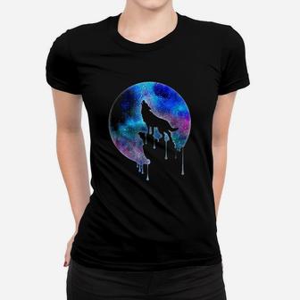 Full Moon Howling Wolf Galaxy Psychedelic Watercolor Ladies Tee - Seseable