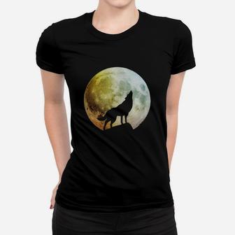 Full Moon Wolf Colorful Halloween Howling Wolf Ladies Tee - Seseable