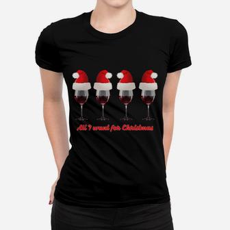 Funny Christmas Wine Glasses Red Wine Santa Hats Tee Ladies Tee - Seseable