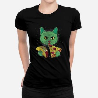 Funny Galaxy Cat Eat Pizza And Taco Outer Space Kitten Gift Ladies Tee - Seseable