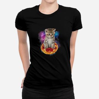 Funny Galaxy Cat Space Cat Eat Pizza And Taco Ladies Tee - Seseable