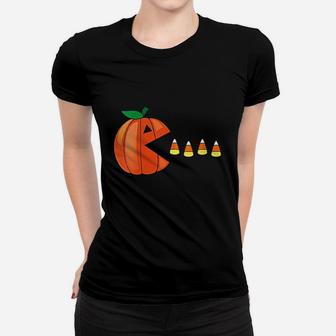 Funny Halloween Pumpkin Eating Candy Corn Gift Ladies Tee - Seseable