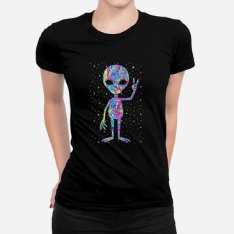 Funny Retro 1970s Tie Dye Groovy Alien Peace Gift Women T-shirt - Seseable