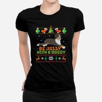 Funny Ugly Christmas Sweater Dog Be Jolly With Doggy Ladies Tee - Seseable