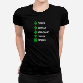 Gamer-Slang Baumwoll-Frauen Tshirt Schwarz, Pusher Blocker YOLO-Scout Camper Design - Seseable