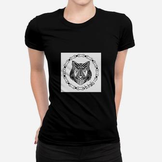 Geometrisches Wolf Design Unisex Frauen Tshirt, Schwarzes mit Ornament-Rahmen - Seseable