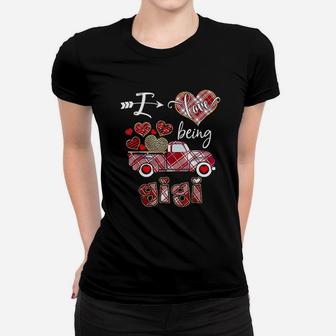 I Love Being Gigi Red Plaid Truck Hearts Valentine Ladies Tee - Seseable