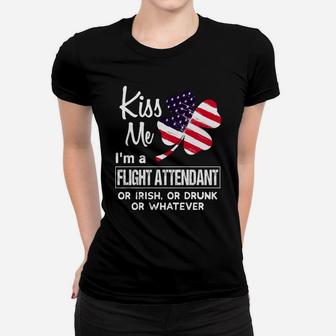 Kiss Me I Am A Flight Attendant Irish Shamrock St Patricks Day 2021 Funny Saying Job Title Ladies Tee - Seseable