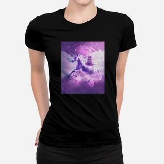 Kitty Cat Riding On Flying Space Galaxy Unicorn Ladies Tee - Seseable