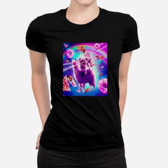 Laser Eyes Space Cat Riding Pug Llama Rainbow Ladies Tee - Seseable