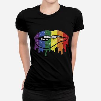 Lip Bite Gay Pride Rainbow Flag Drip Art Lgbt Lesbian Gift Ladies Tee - Seseable