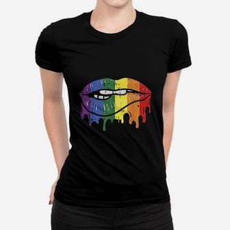 Lip Bite Gay Pride Rainbow Flag Drip Art Lgbt Lesbian Gift Women T-shirt - Seseable