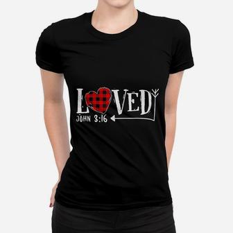 Loved John 3 16 Red Plaid Heart Christian Valentine's Day Women T-shirt - Seseable