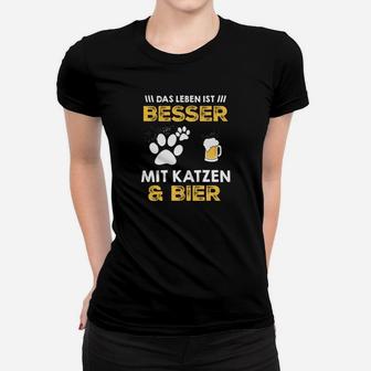 Lustiges Katzen & Bier Liebhaber Frauen Tshirt, Leben ist Besser - Seseable