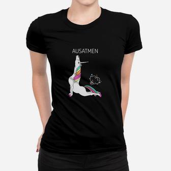 Lustiges Yoga Einhorn Frauen Tshirt 'AUSATMEN' Schwarz Tee für Entspannung - Seseable