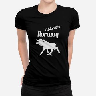 Norwegen-Liebhaber Frauen Tshirt, Elch-Motiv & Addicted to Norway Schwarz - Seseable