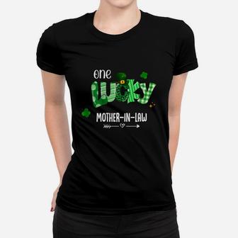 One Lucky Mother-in-law Shamrock Leopard Green Plaid St Patrick Day Family Gift Ladies Tee - Seseable