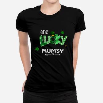 One Lucky Mumsy Shamrock Leopard Green Plaid St Patrick Day Family Gift Ladies Tee - Seseable