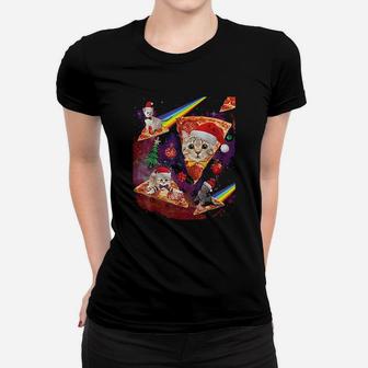 Outer Space Christmas Cats Riding On Pizza Ladies Tee - Seseable