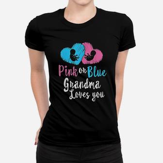 Pink And Blue Grandma Loves You Gender Reveal Baby Shower Ladies Tee - Seseable