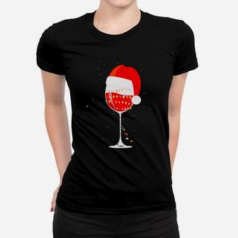 Premium Christmas Light Wine Glass Of Red Wine Santa Hat Sweater Ladies Tee - Seseable