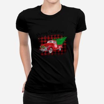 Red Truck Merry Christmas Holiday Christmas Tree Red And White Plaid Women T-shirt - Seseable