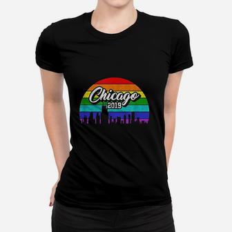 Retro Style Rainbow Sunset Souvenir 2019 Chicago Gay Pride Ladies Tee - Seseable