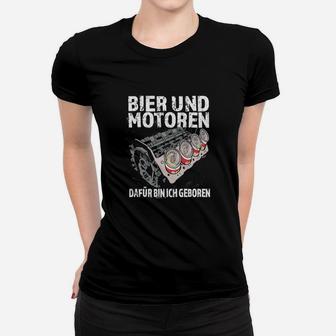 Schwarzes Frauen Tshirt Bier und Motoren, Lustiges Herrenshirt - Seseable