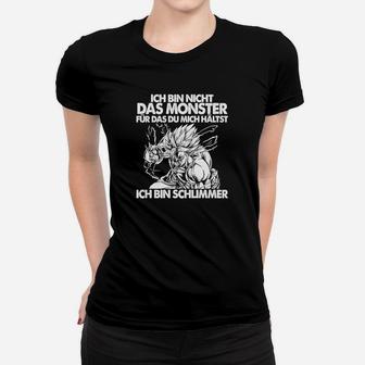 Schwarzes Frauen Tshirt mit Drachen & Spruch: Ich bin schlimmer als das Monster - Seseable